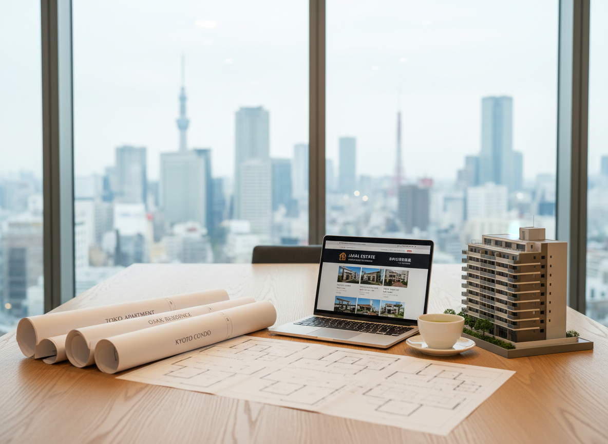 A sleek real estate consultation workspace with a wide oak desk covered in neatly arranged floor plans of Tokyo, Osaka, and Kyoto apartments, alongside a silver laptop showing a Japanese property search website in both Japanese and English. A small model of a contemporary Japanese condominium stands near a ceramic cup of green tea. Large windows reveal a soft-focus urban skyline with recognizable Japanese high-rise silhouettes. Warm, diffused daylight mixes with subtle recessed ceiling lighting, creating a balanced, professional glow. Shot from a slightly elevated angle with sharp focus throughout, the photographic image emphasizes organization and clarity, evoking trust and efficient support for non-Japanese buyers navigating Japan’s real estate market.