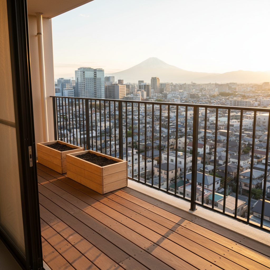A serene balcony of a Japanese high-rise condominium prepared for an overseas owner, with a slim black metal railing, a compact wooden deck, and two empty planters ready for greenery. Below, the cityscape of mixed low-rise houses and modern towers stretches into the distance, with a distant glimpse of Mount Fuji softened by light haze. The sky glows in golden hour light, casting warm highlights along the balcony edge and creating long, gentle shadows on the deck. Photographed from a low corner angle in crisp photographic realism, the scene balances the close-up detail of the balcony with expansive depth, conveying long-term investment potential and the tranquil pleasure of owning property in Japan.