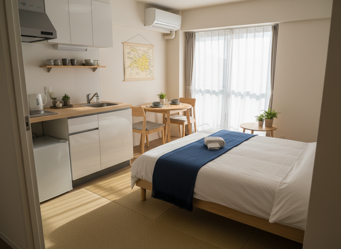 An inviting, fully furnished short-term rental apartment tailored for global visitors, featuring a neatly made bed with crisp white linens and a navy accent throw, a compact yet stylish kitchenette with glossy white cabinets, and a small dining nook set with minimalist stoneware dishes. On the wall, a framed map of Japan with highlighted major cities hints at travel planning. Morning sunlight filters through sheer curtains, creating soft patterns on the tatami-style floor mat. Captured with photographic realism from the doorway at a wide angle, the composition showcases the entire space, highlighting practical comfort, cultural touches, and an atmosphere of calm, temporary home in Japan.