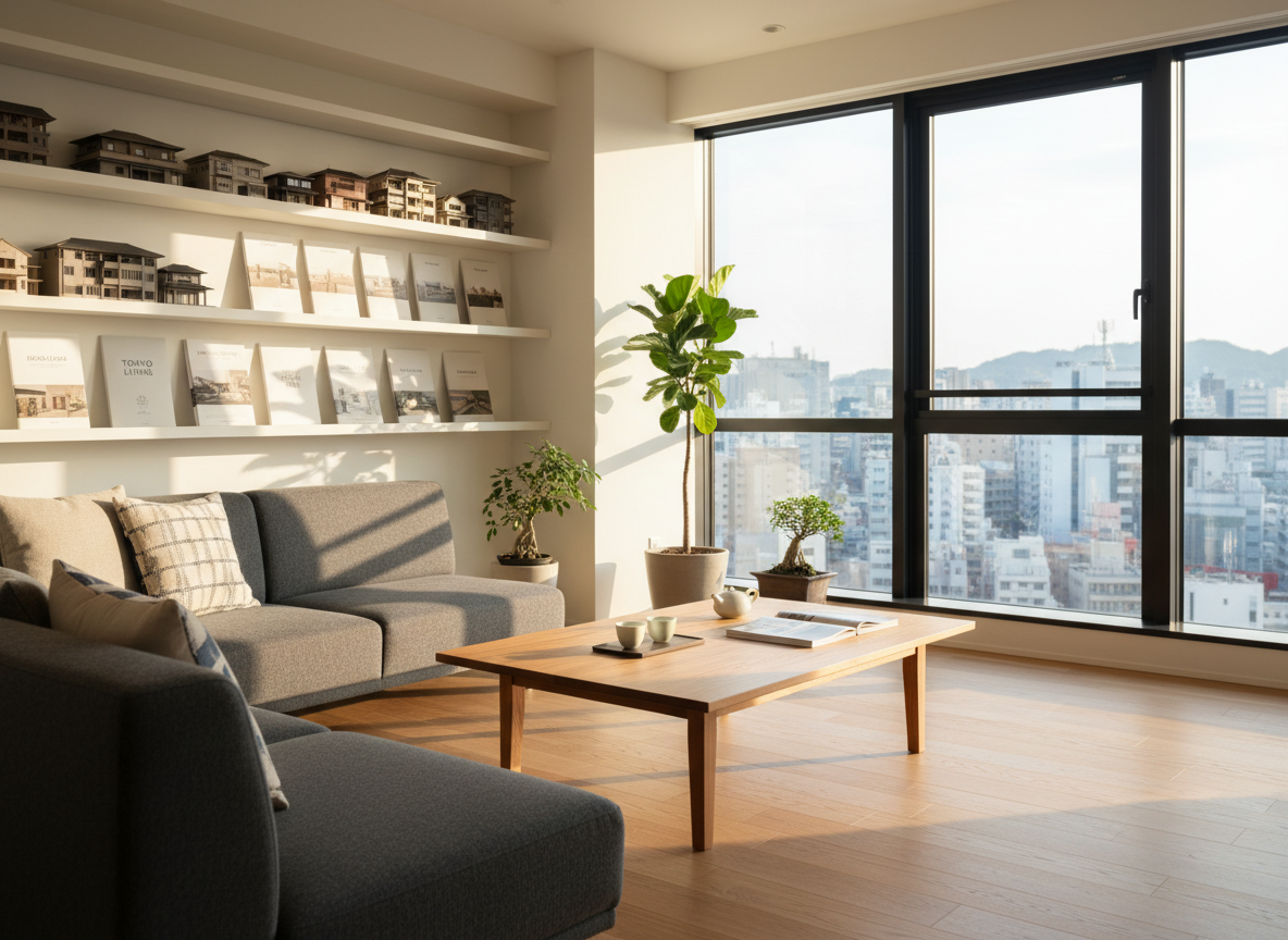 A bright, meticulously arranged modern Japanese living room designed for international residents, with a low natural-wood table, soft gray modular sofa, and a large floor-to-ceiling window revealing a subtle city skyline. Built-in white shelving displays small architectural models of Japanese homes and neatly stacked bilingual real estate brochures. Soft afternoon daylight floods the room, creating gentle reflections on the hardwood floor and casting calm shadows behind houseplants. Photographed at eye level with photographic realism and a clean, modern aesthetic, the composition uses the rule of thirds and a shallow depth of field to keep the room sharp while the city view is slightly blurred, conveying an inviting, professional atmosphere of comfortable life in Japan.
