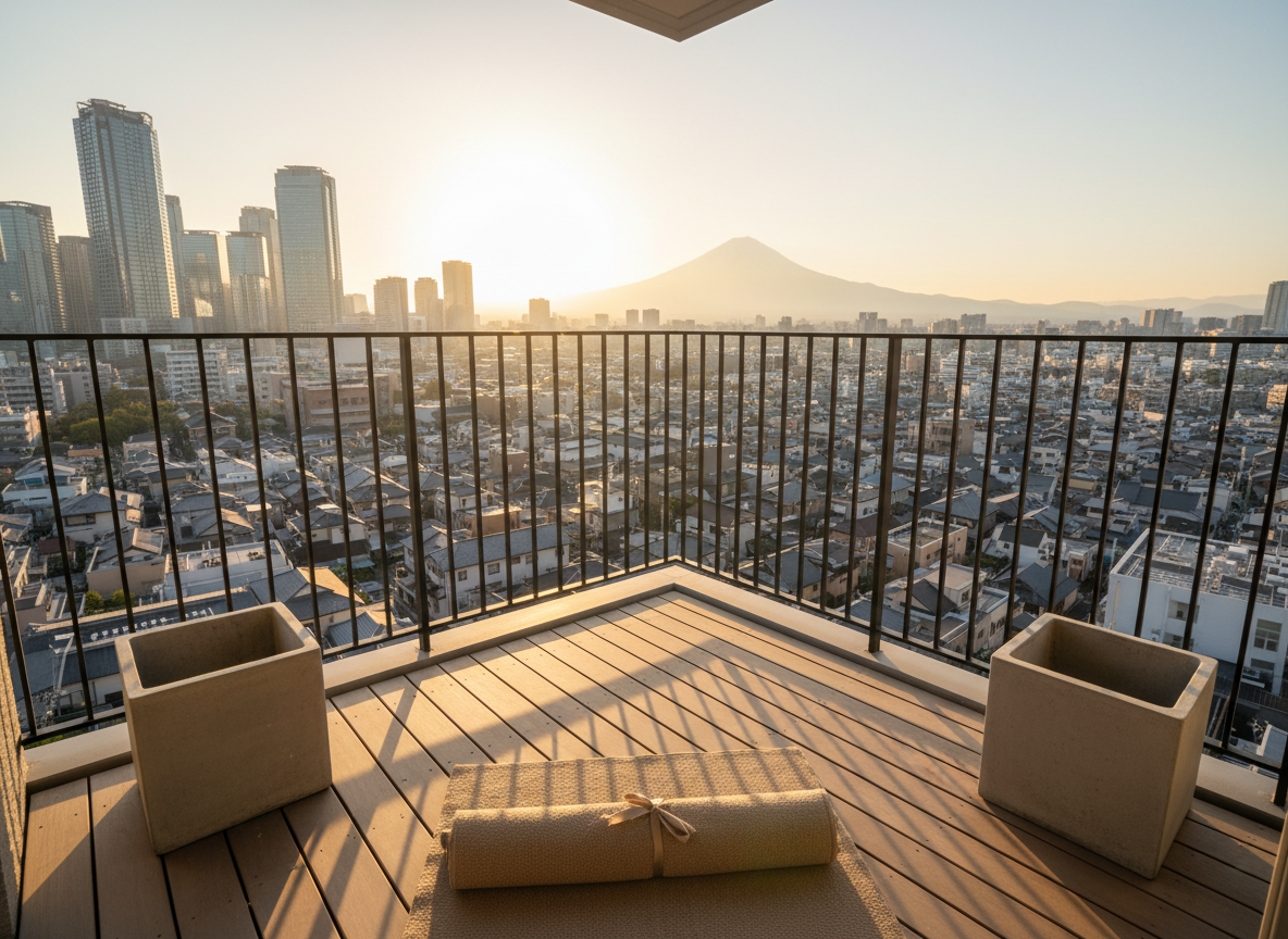 A serene balcony of a Japanese high-rise condominium prepared for an overseas owner, with a slim black metal railing, a compact wooden deck, and two empty planters ready for greenery. Below, the cityscape of mixed low-rise houses and modern towers stretches into the distance, with a distant glimpse of Mount Fuji softened by light haze. The sky glows in golden hour light, casting warm highlights along the balcony edge and creating long, gentle shadows on the deck. Photographed from a low corner angle in crisp photographic realism, the scene balances the close-up detail of the balcony with expansive depth, conveying long-term investment potential and the tranquil pleasure of owning property in Japan.