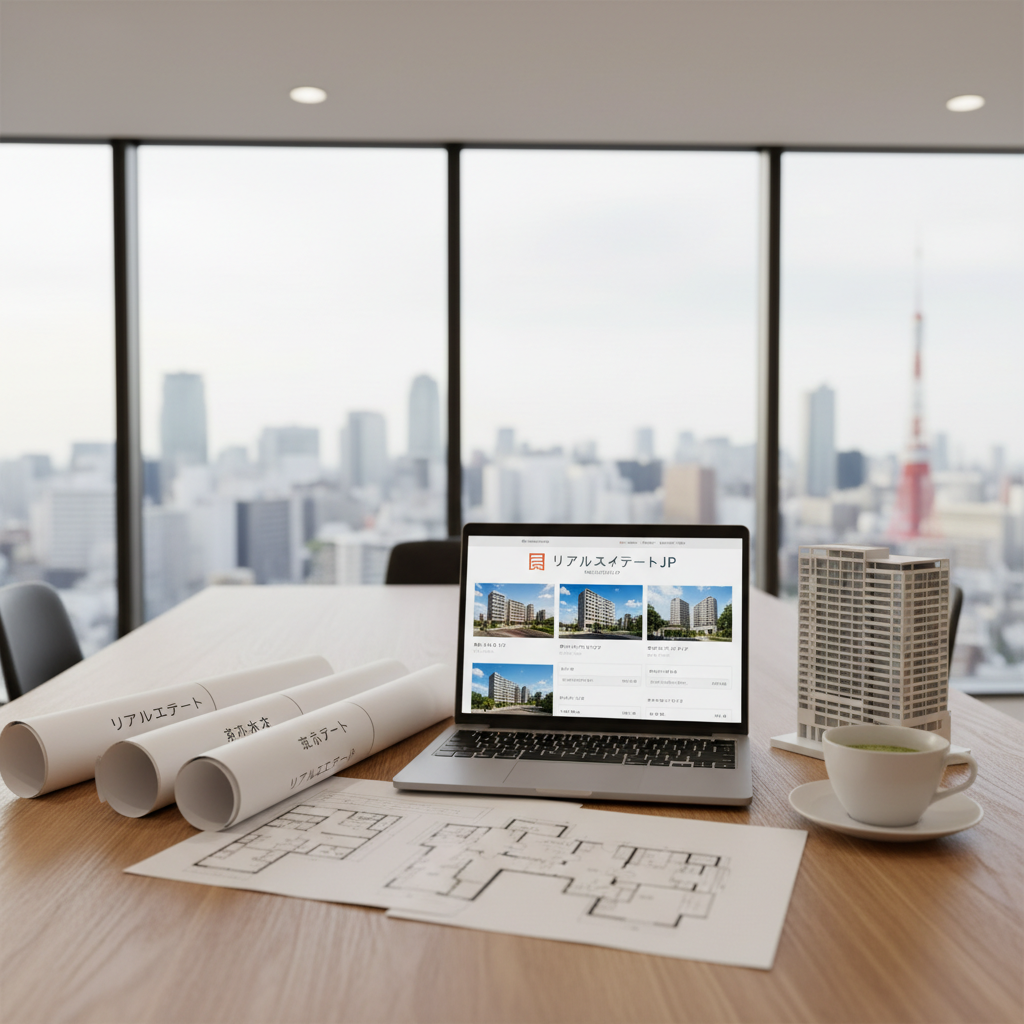 A sleek real estate consultation workspace with a wide oak desk covered in neatly arranged floor plans of Tokyo, Osaka, and Kyoto apartments, alongside a silver laptop showing a Japanese property search website in both Japanese and English. A small model of a contemporary Japanese condominium stands near a ceramic cup of green tea. Large windows reveal a soft-focus urban skyline with recognizable Japanese high-rise silhouettes. Warm, diffused daylight mixes with subtle recessed ceiling lighting, creating a balanced, professional glow. Shot from a slightly elevated angle with sharp focus throughout, the photographic image emphasizes organization and clarity, evoking trust and efficient support for non-Japanese buyers navigating Japan’s real estate market.