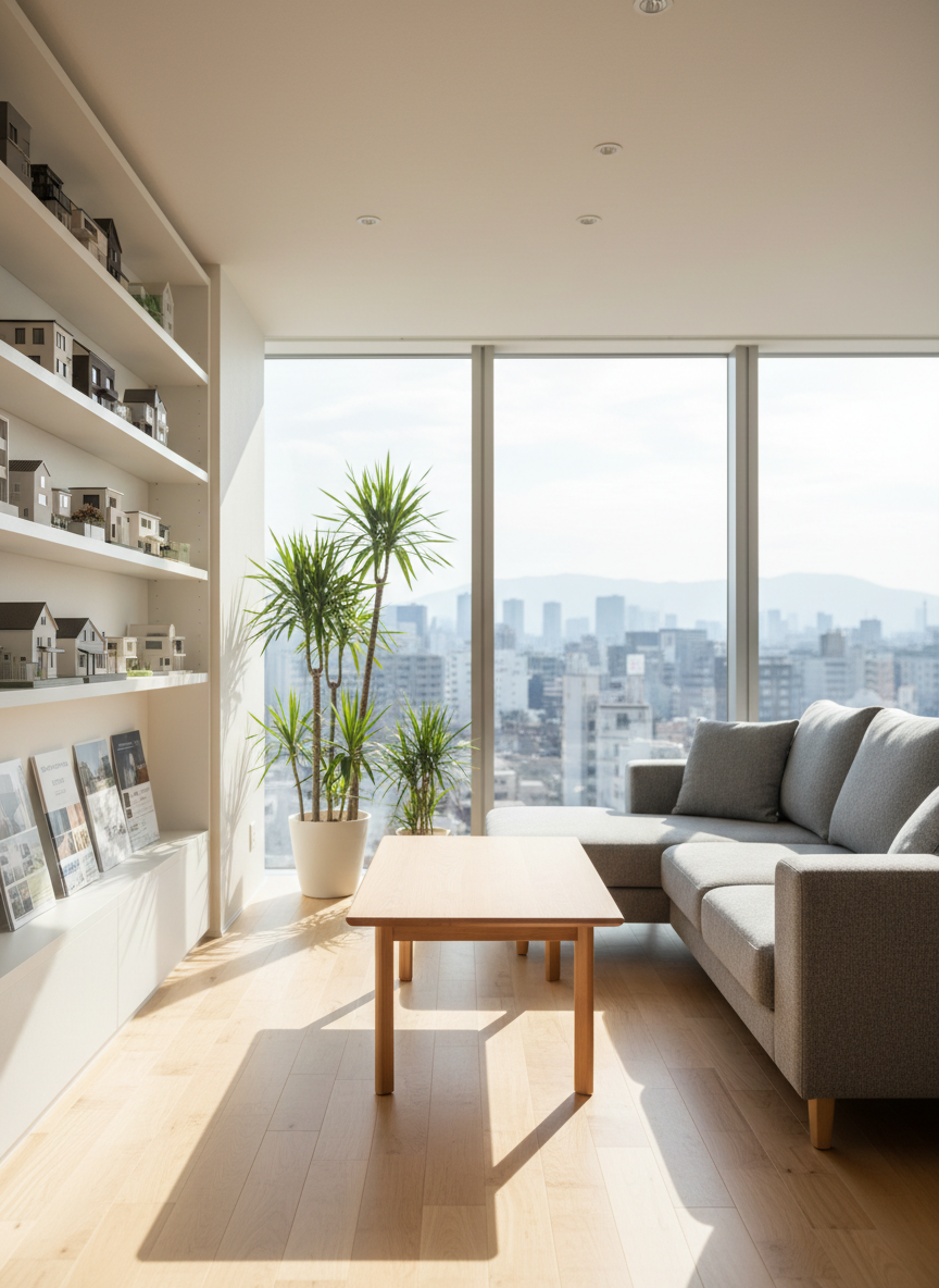 A bright, meticulously arranged modern Japanese living room designed for international residents, with a low natural-wood table, soft gray modular sofa, and a large floor-to-ceiling window revealing a subtle city skyline. Built-in white shelving displays small architectural models of Japanese homes and neatly stacked bilingual real estate brochures. Soft afternoon daylight floods the room, creating gentle reflections on the hardwood floor and casting calm shadows behind houseplants. Photographed at eye level with photographic realism and a clean, modern aesthetic, the composition uses the rule of thirds and a shallow depth of field to keep the room sharp while the city view is slightly blurred, conveying an inviting, professional atmosphere of comfortable life in Japan.