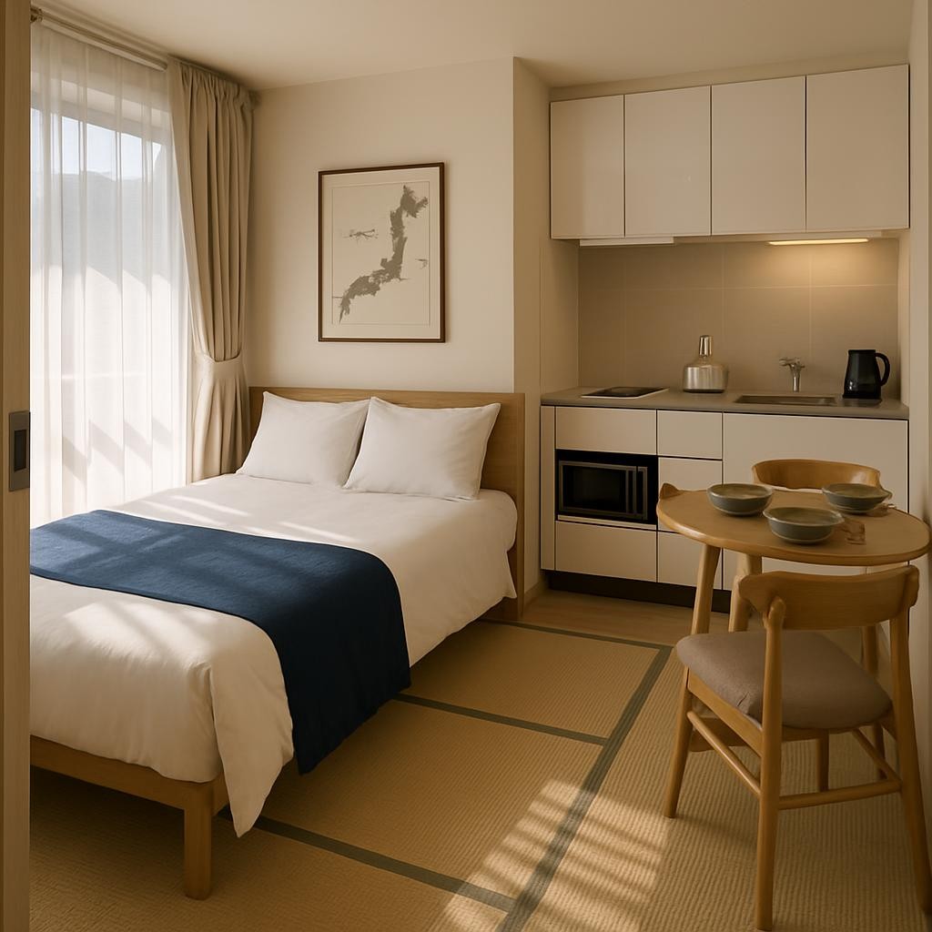 An inviting, fully furnished short-term rental apartment tailored for global visitors, featuring a neatly made bed with crisp white linens and a navy accent throw, a compact yet stylish kitchenette with glossy white cabinets, and a small dining nook set with minimalist stoneware dishes. On the wall, a framed map of Japan with highlighted major cities hints at travel planning. Morning sunlight filters through sheer curtains, creating soft patterns on the tatami-style floor mat. Captured with photographic realism from the doorway at a wide angle, the composition showcases the entire space, highlighting practical comfort, cultural touches, and an atmosphere of calm, temporary home in Japan.