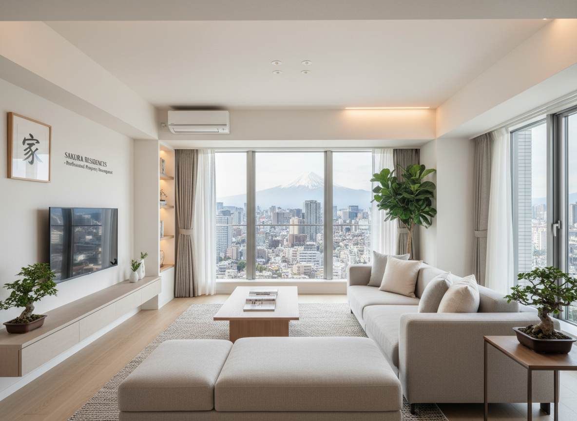 A bright, modern Japanese apartment living room with large windows, tasteful neutral furnishings, and a welcoming, high-end feel, representing professional property rental management in Japan